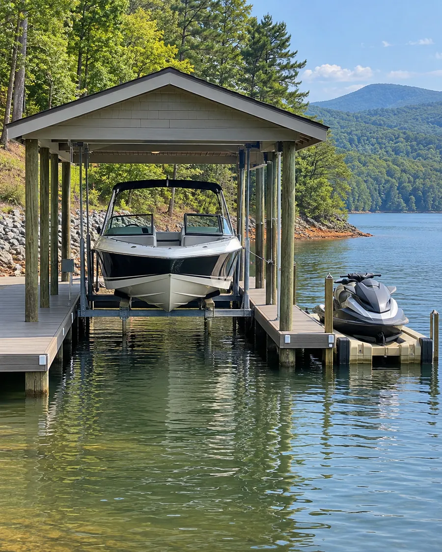 Ski boat raised on a boat lift inside a covered dock slip, with a personal watercraft on a floating lift beside it