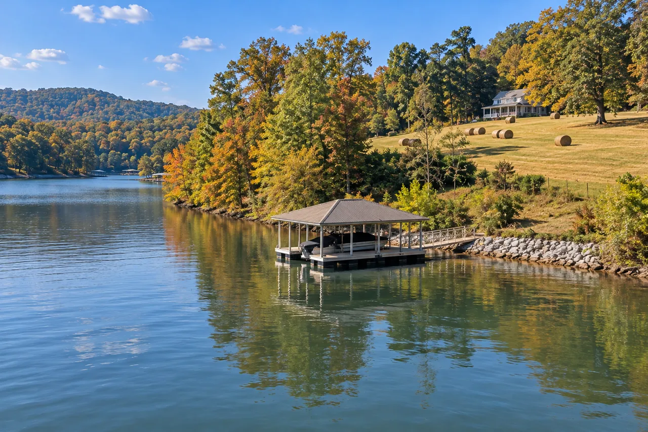 Hay field with round bales sloping down to a quiet arm of the lake, with a covered dock and a short run of gray riprap at the water