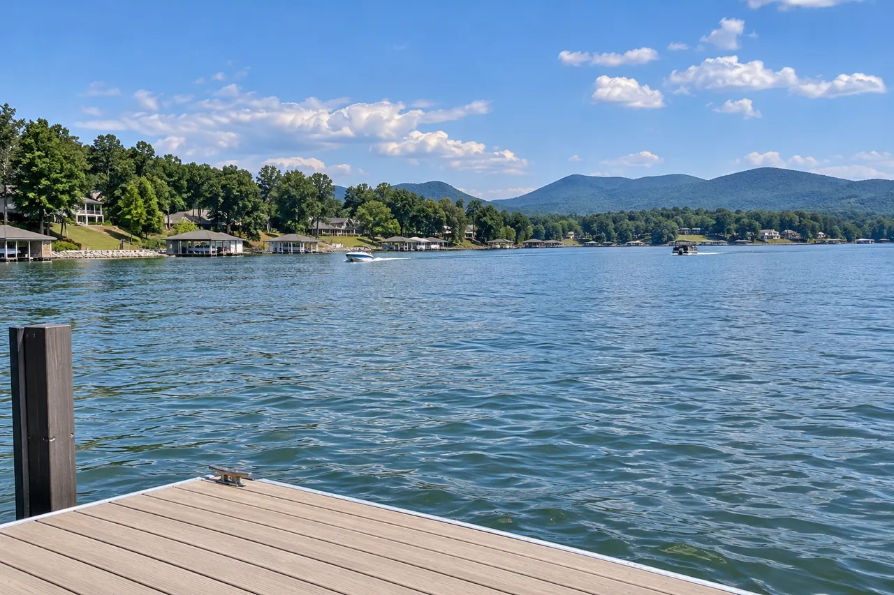 Open stretch of lake seen from the end of a dock, with lake homes and boathouses along the far shore and mountains beyond