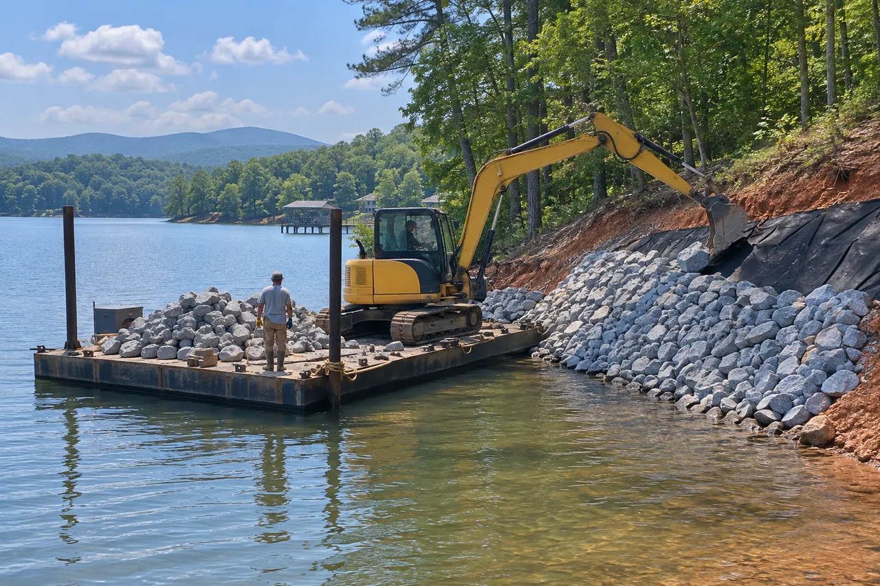 Small excavator on a steel work barge setting gray riprap stone over black filter fabric on a red clay lake bank