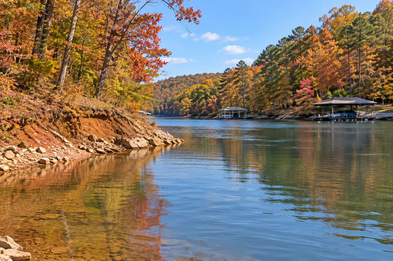 Narrow upper arm of the lake in fall color, with a worn red clay bank on one side and covered docks across the water